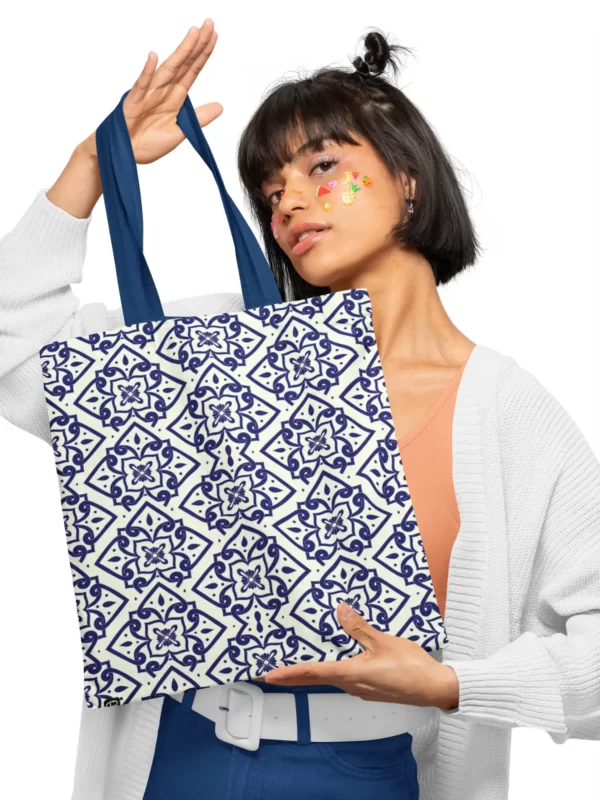 Elegant Blue Pattern Canvas Zipper Tote Bag 3
