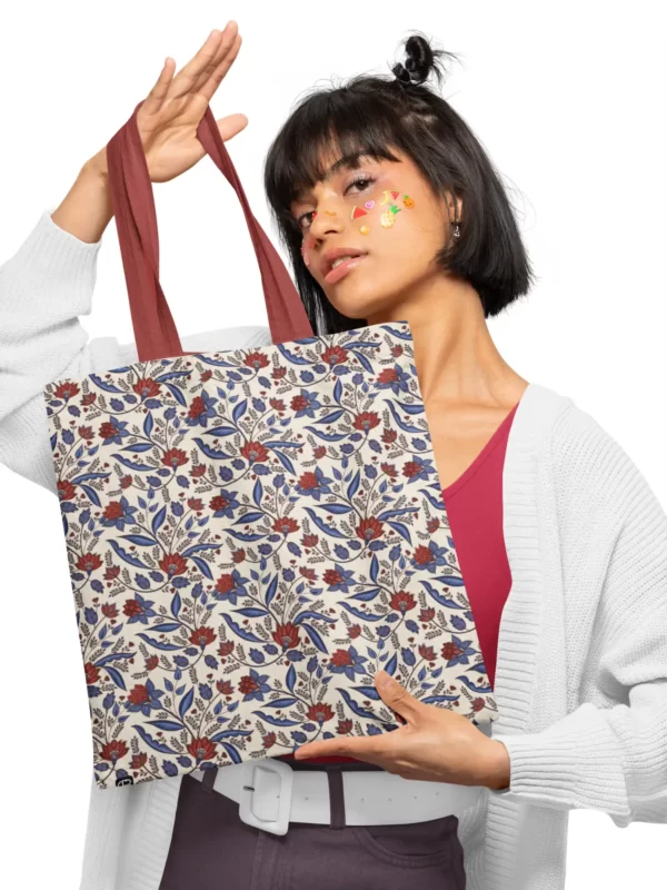 Maroon Floral Canvas Zipper Tote Bag 3