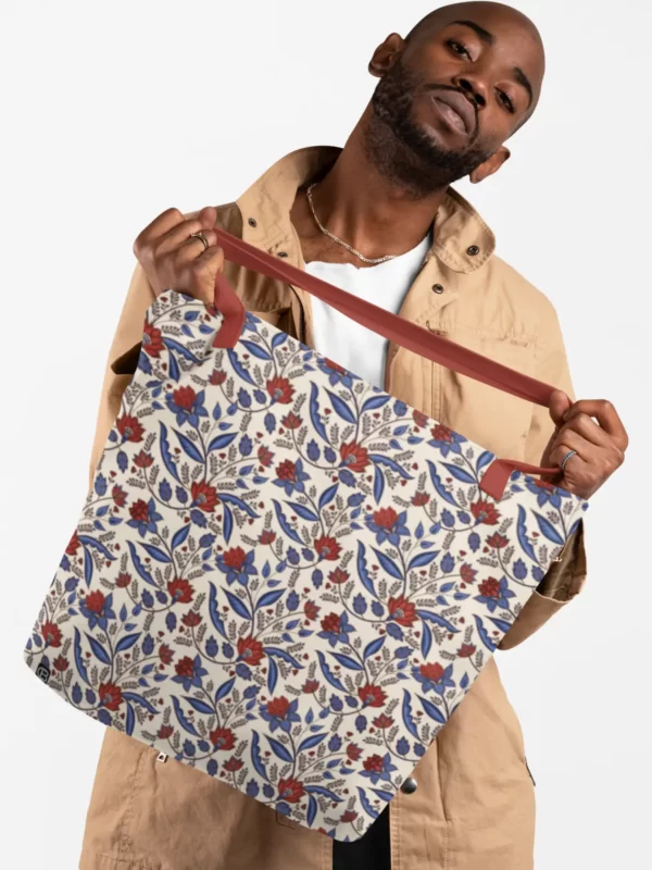 Maroon Floral Canvas Zipper Tote Bag 4